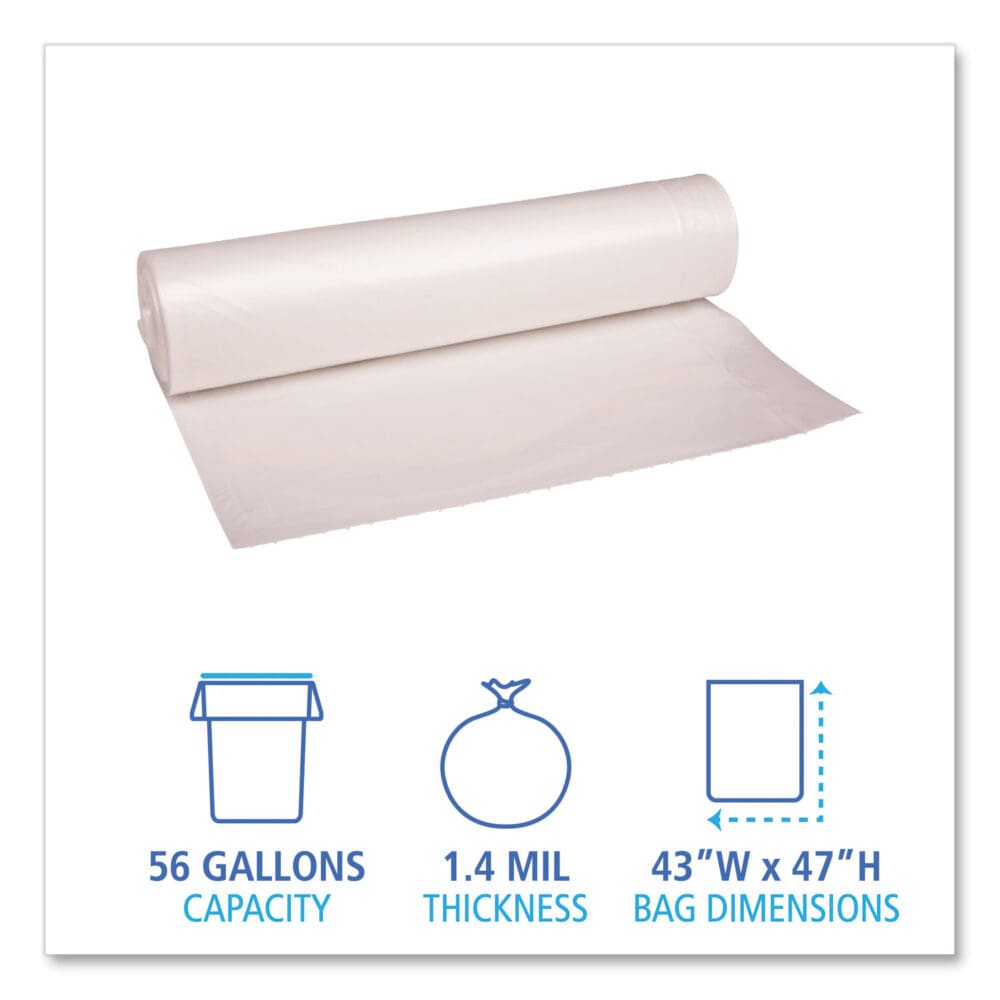 Recycled Low-Density Polyethylene Can Liners, 56 gal, 1.4 mil, 43" x 47", Clear, 10 Bags/Roll, 10 Rolls/Carton - Image 4