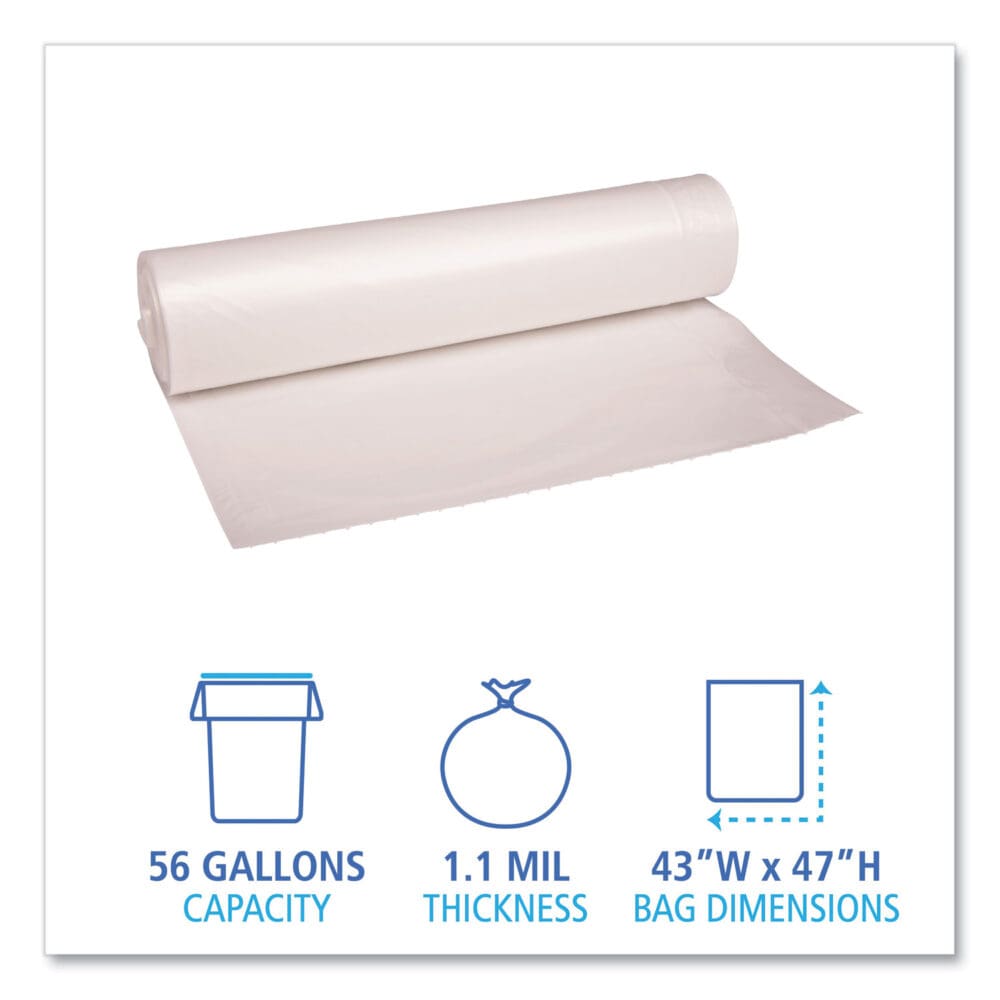 Recycled Low-Density Polyethylene Can Liners, 56 gal, 1.1 mil, 43" x 47", Clear, 10 Bags/Roll, 10 Rolls/Carton - Image 4