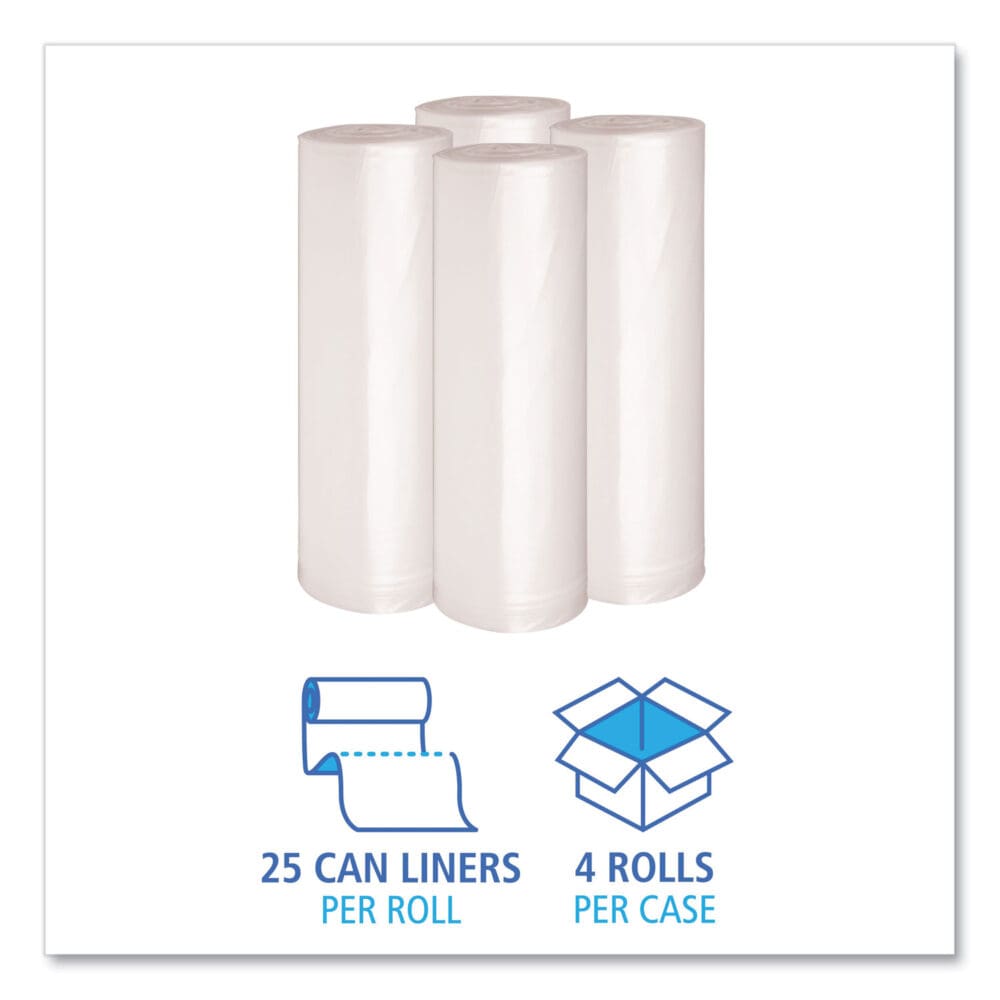 Recycled Low-Density Polyethylene Can Liners, 60 gal, 1.4 mil, 38" x 58", Clear, 10 Bags/Roll, 10 Rolls/Carton - Image 2