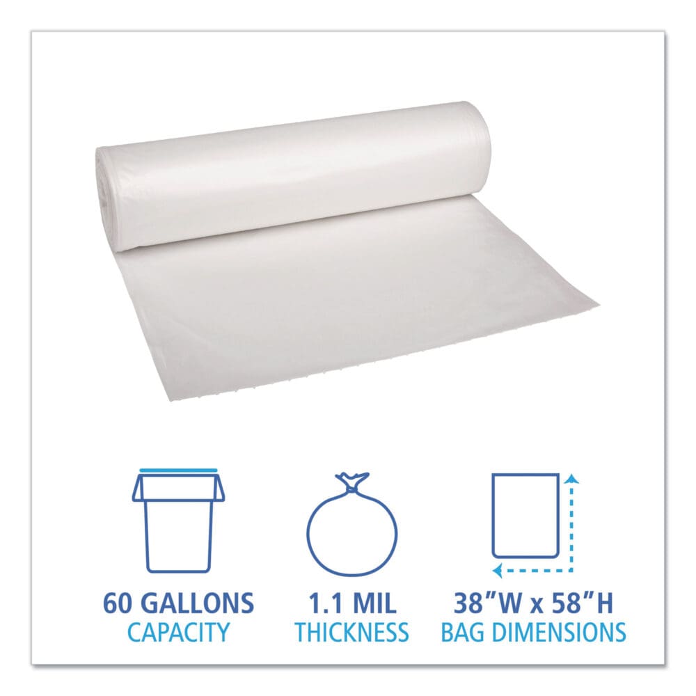 Recycled Low-Density Polyethylene Can Liners, 60 gal, 1.1 mil, 38" x 58", Clear, 10 Bags/Roll, 10 Rolls/Carton - Image 2