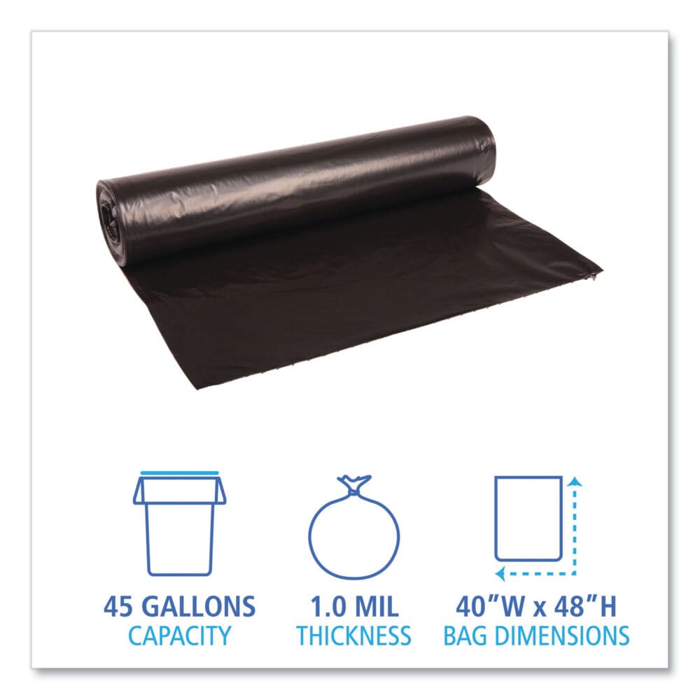 Recycled Low-Density Polyethylene Can Liners, 45 gal, 1 mil, 40" x 48", Black, 10 Bags/Roll, 10 Rolls/Carton - Image 4