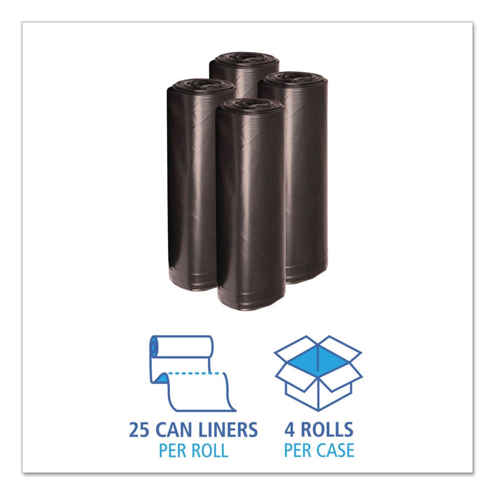 Recycled Low-Density Polyethylene Can Liners, 60 gal, 1.2 mil, 38" x 58", Black, 10 Bags/Roll, 10 Rolls/Carton - Image 2