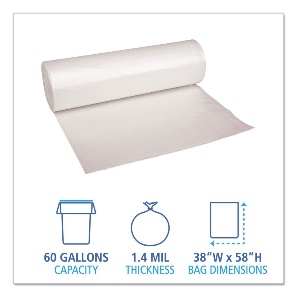 Recycled Low-Density Polyethylene Can Liners, 60 gal, 1.4 mil, 38" x 58", Clear, 10 Bags/Roll, 10 Rolls/Carton - Image 4
