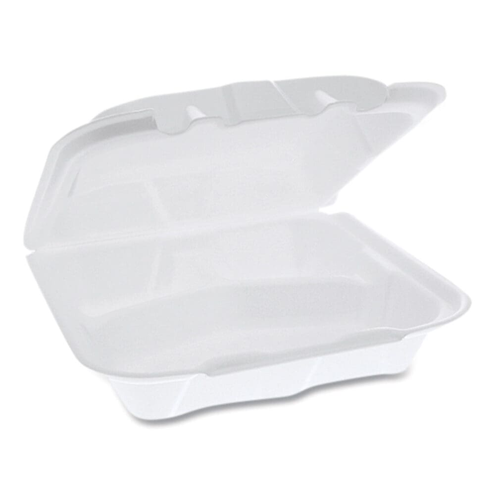 Vented Foam Hinged Lid Container, Dual Tab Lock, 3-Compartment, 8.42 x 8.15 x 3, White, 150/Carton - Image 4