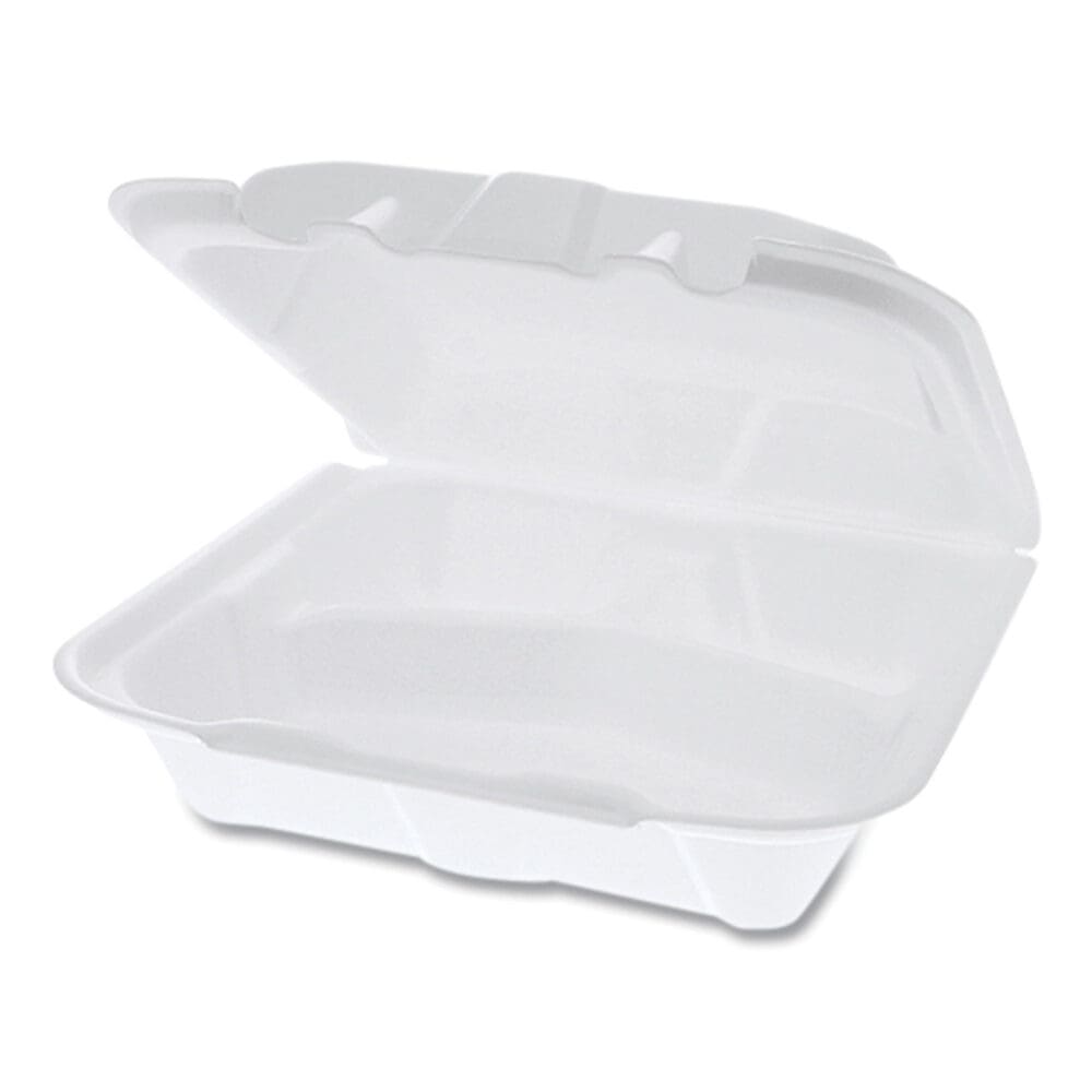 Vented Foam Hinged Lid Container, Dual Tab Lock, 3-Compartment, 8.42 x 8.15 x 3, White, 150/Carton - Image 2