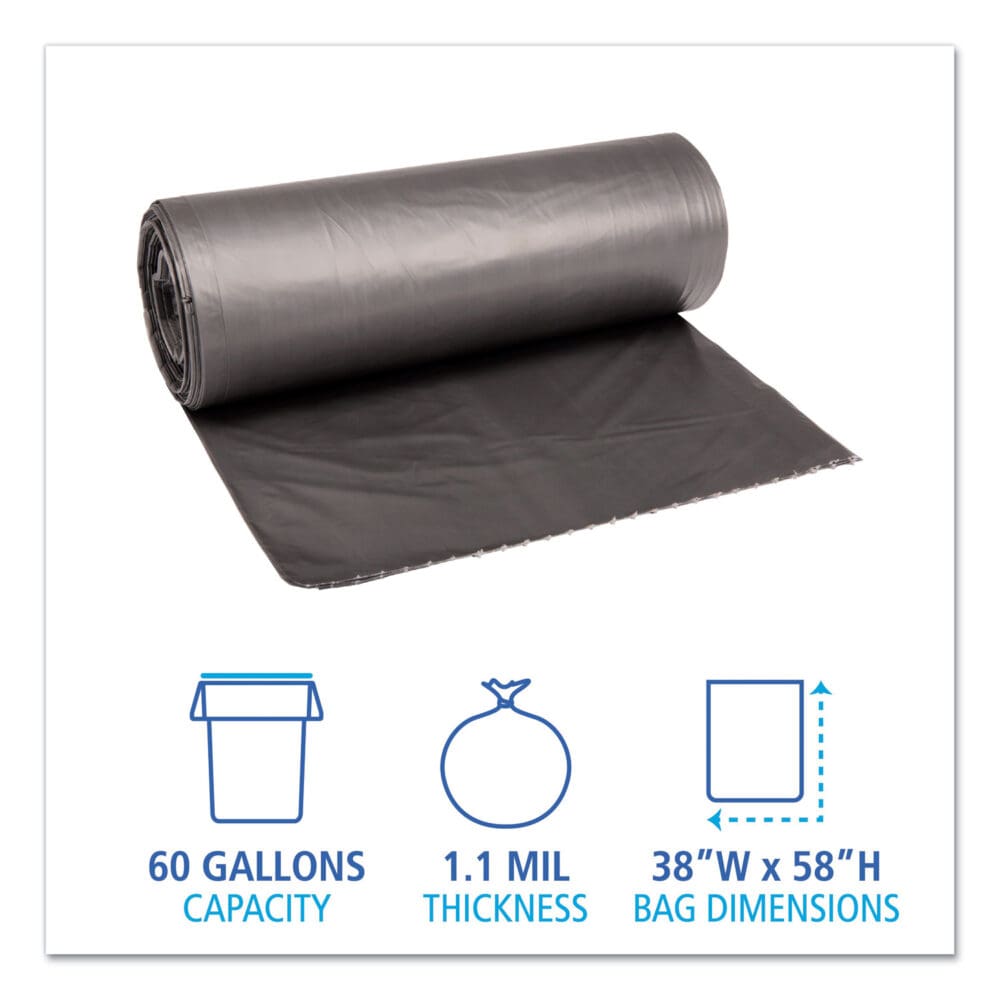 Low-Density Waste Can Liners, 60 gal, 1.1 mil, 38" x 58", Gray, 20 Bags/Roll, 5 Rolls/Carton - Image 4