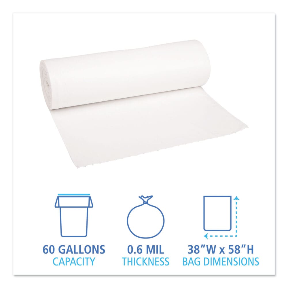 Low-Density Waste Can Liners, 60 gal, 0.6 mil, 38" x 58", White, 25 Bags/Roll, 4 Rolls/Carton - Image 4