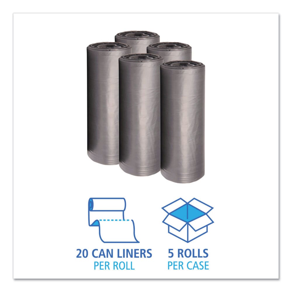 Low-Density Waste Can Liners, 60 gal, 1.1 mil, 38" x 58", Gray, 20 Bags/Roll, 5 Rolls/Carton - Image 2