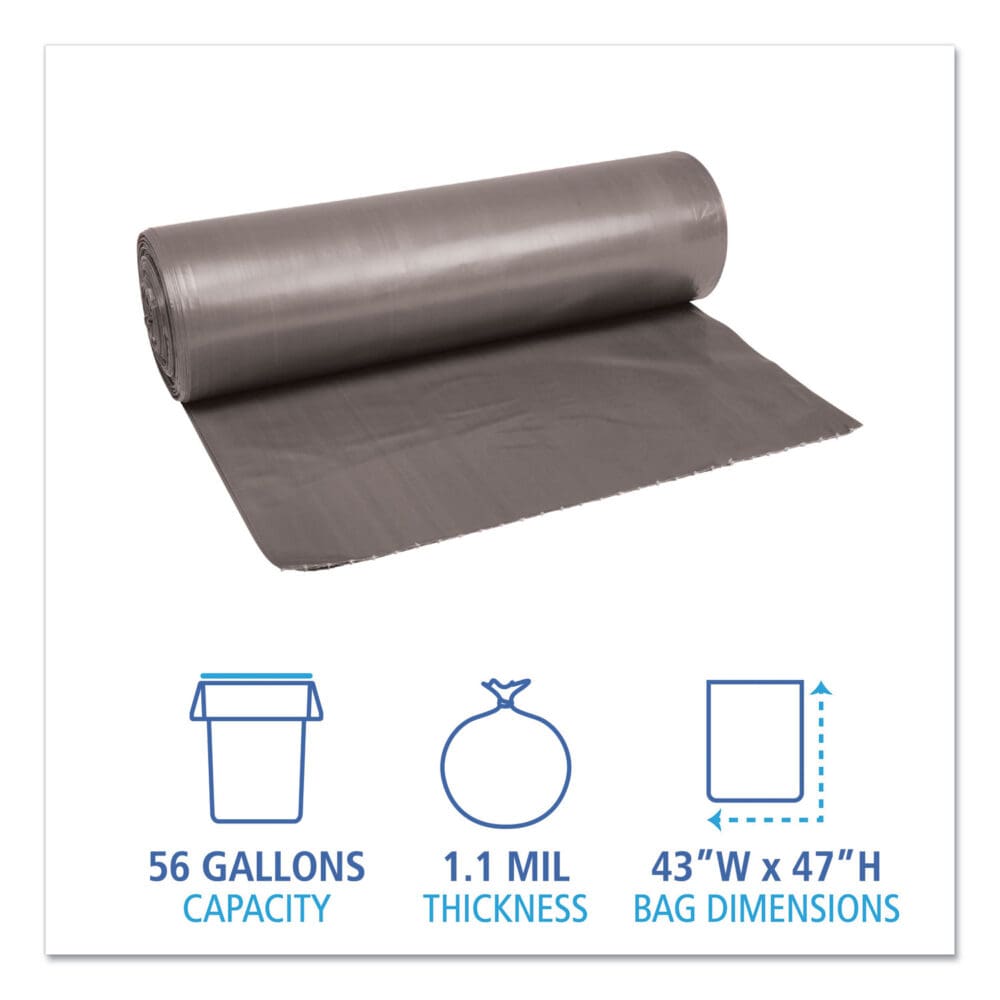Low-Density Waste Can Liners, 56 gal, 1.1 mil, 43" x 47", Gray, 20 Bags/Roll, 5 Rolls/Carton - Image 4