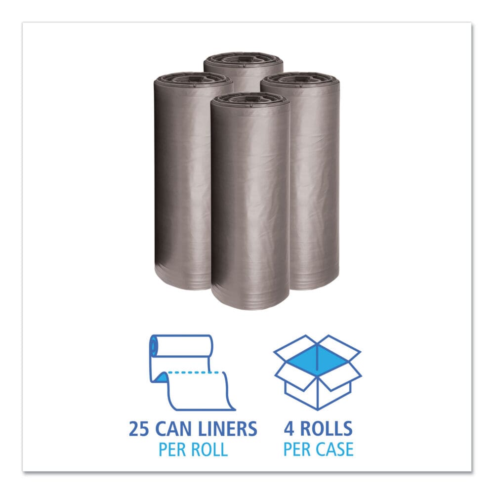 Low-Density Waste Can Liners, 60 gal, 0.95 mil, 38" x 58", Gray, 25 Bags/Roll, 4 Rolls/Carton - Image 2