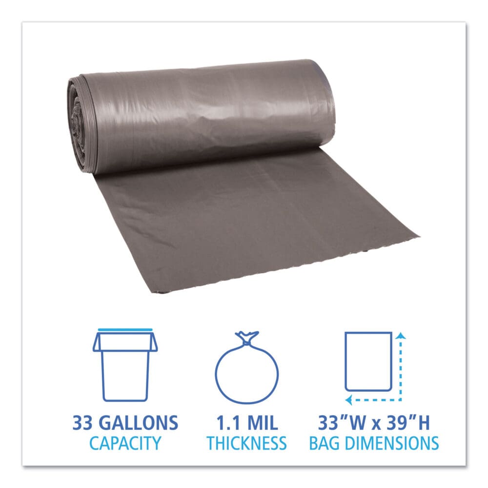 Low-Density Waste Can Liners, 33 gal, 1.1 mil, 33" x 39", Gray, 25 Bags/Roll, 4 Rolls/Carton - Image 4