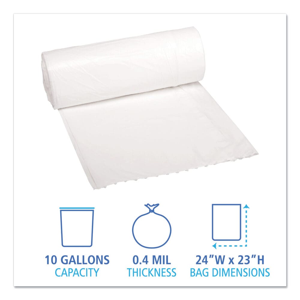 Low-Density Waste Can Liners, 10 gal, 0.4 mil, 24" x 23", White, 25 Bags/Roll, 20 Rolls/Carton - Image 4