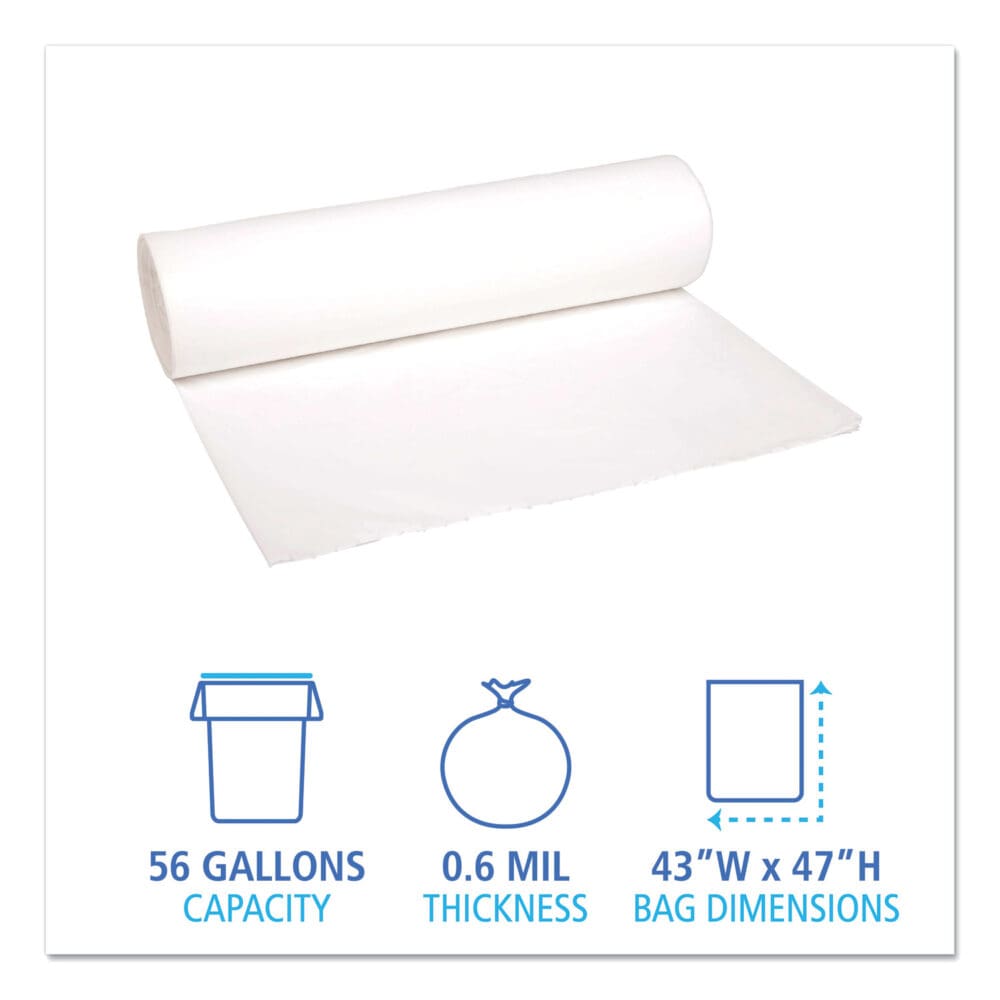 Low-Density Waste Can Liners, 56 gal, 0.6 mil, 43" x 47", White, 25 Bags/Roll, 4 Rolls/Carton - Image 4