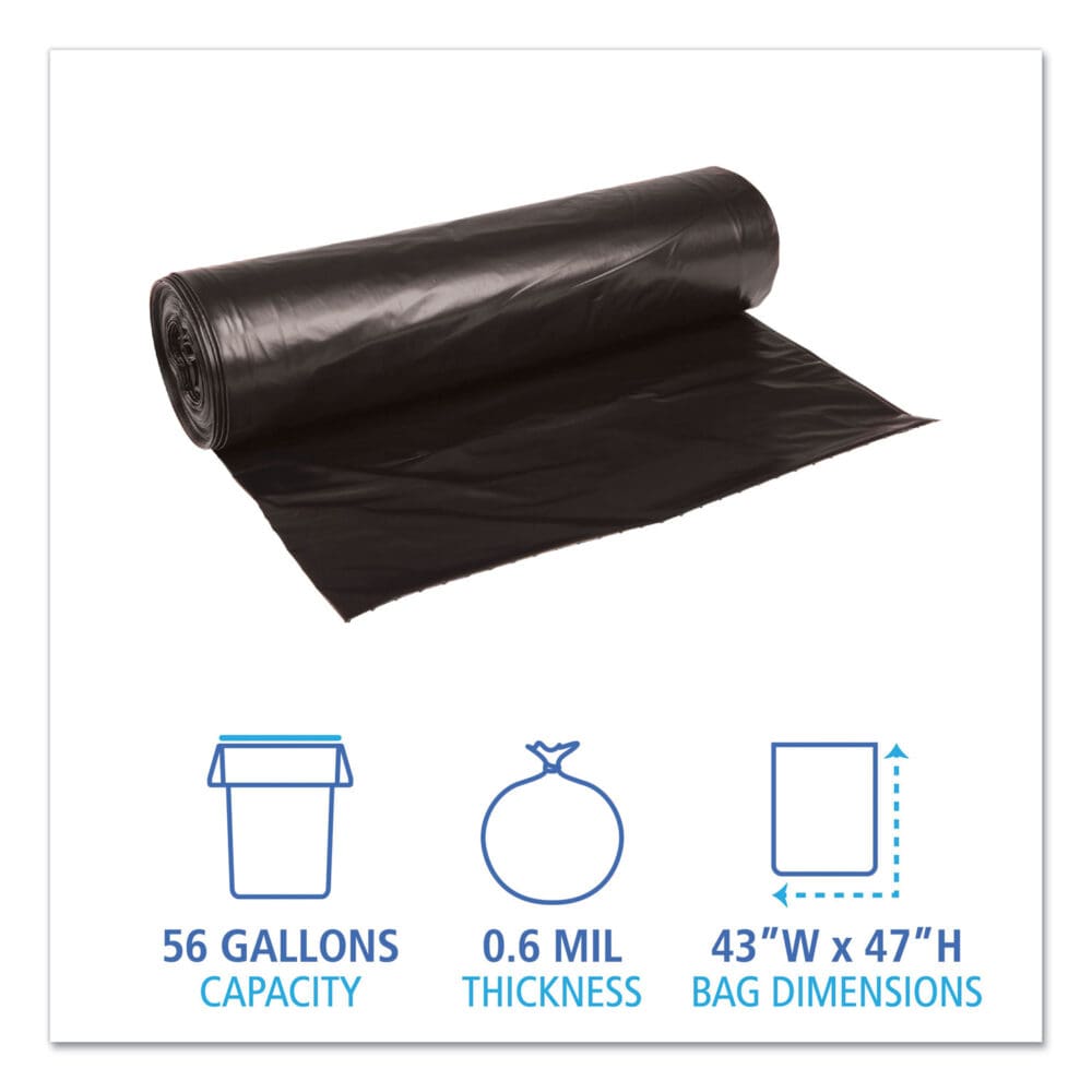Low-Density Waste Can Liners, 56 gal, 0.6 mil, 43" x 47", Black, 25 Bags/Roll, 4 Rolls/Carton - Image 4