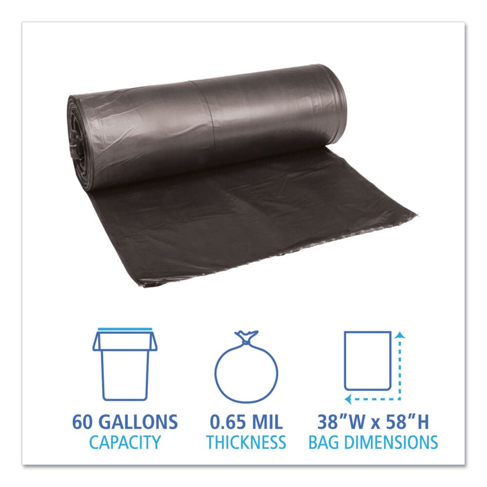 Low-Density Waste Can Liners, 60 gal, 0.65 mil, 38" x 58", Black, 25 Bags/Roll, 4 Rolls/Carton - Image 4
