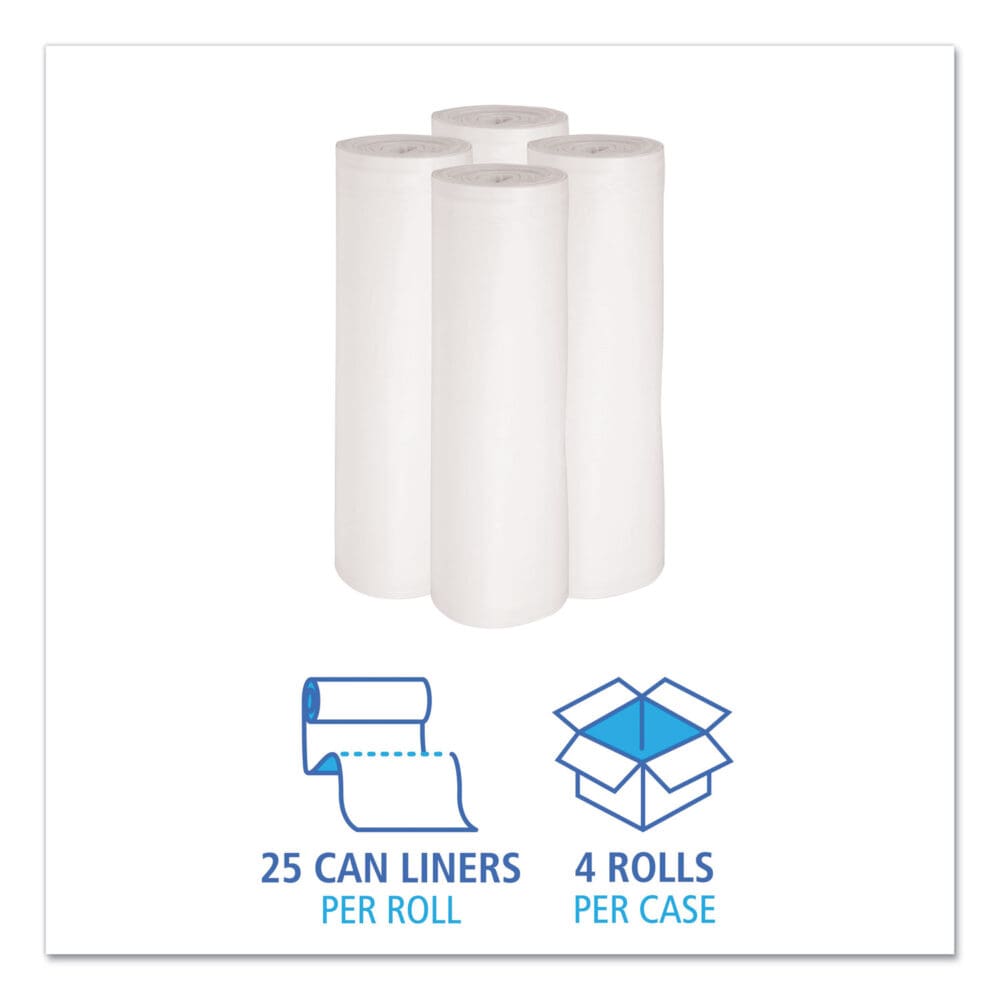 Low-Density Waste Can Liners, 60 gal, 0.6 mil, 38" x 58", White, 25 Bags/Roll, 4 Rolls/Carton - Image 2