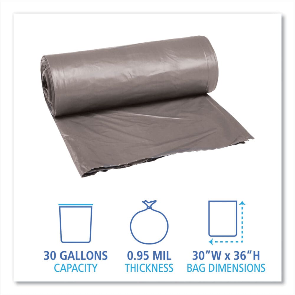 Low-Density Waste Can Liners, 30 gal, 0.95 mil, 30" x 36", Gray, 25 Bags/Roll, 4 Rolls/Carton - Image 4