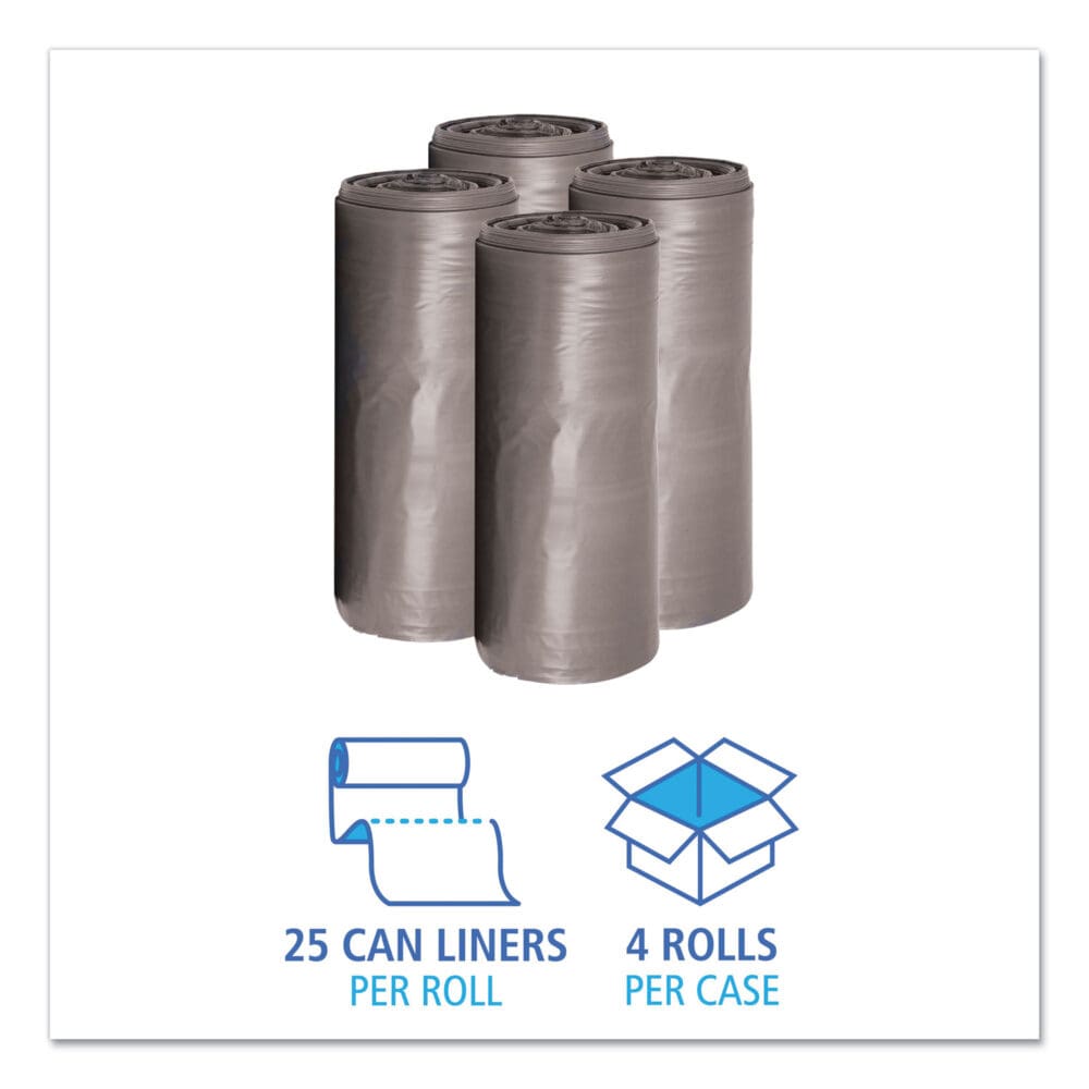 Low-Density Waste Can Liners, 33 gal, 1.1 mil, 33" x 39", Gray, 25 Bags/Roll, 4 Rolls/Carton - Image 2