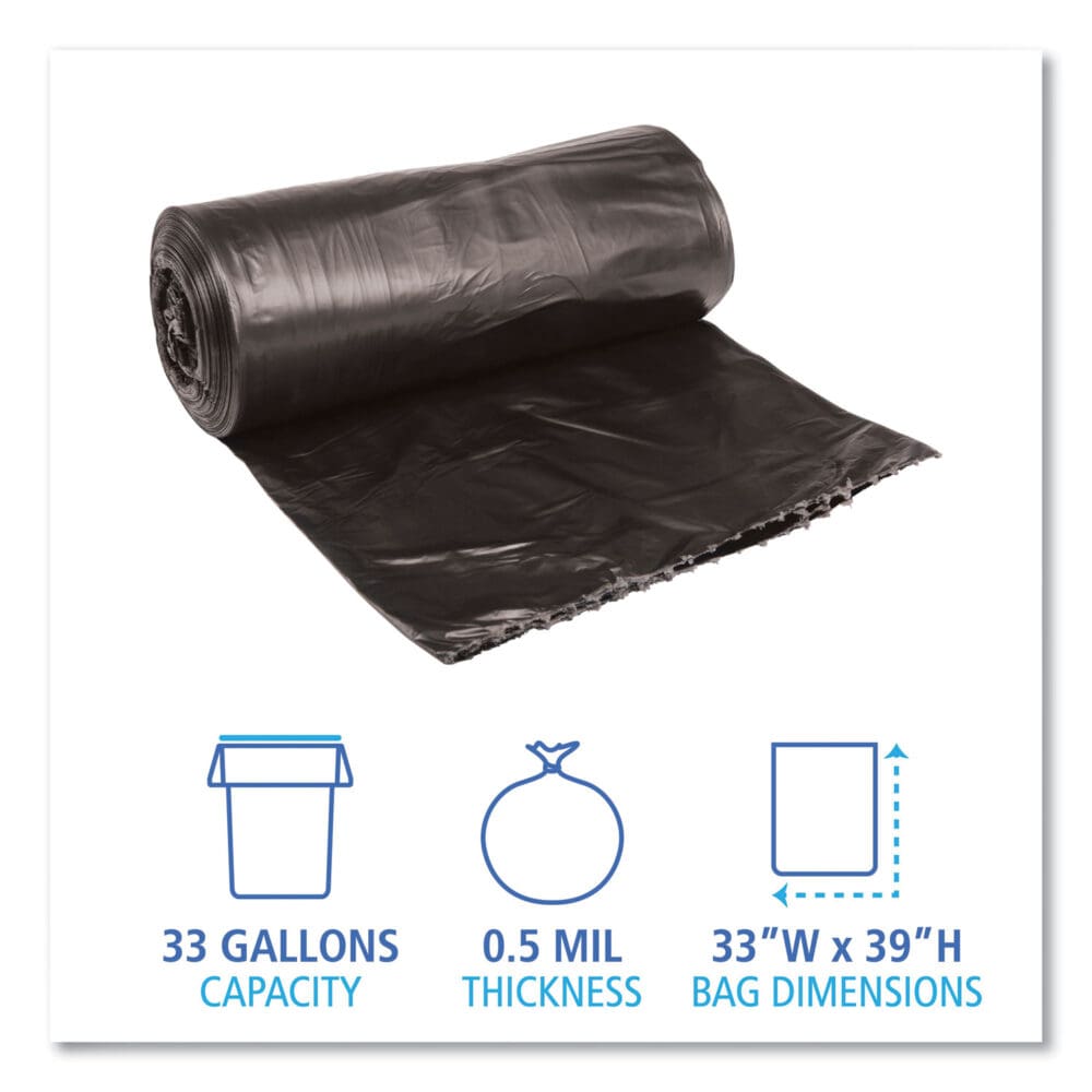 Low-Density Waste Can Liners, 33 gal, 0.5 mil, 33" x 39", Black, 25 Bags/Roll, 8 Rolls/Carton - Image 4