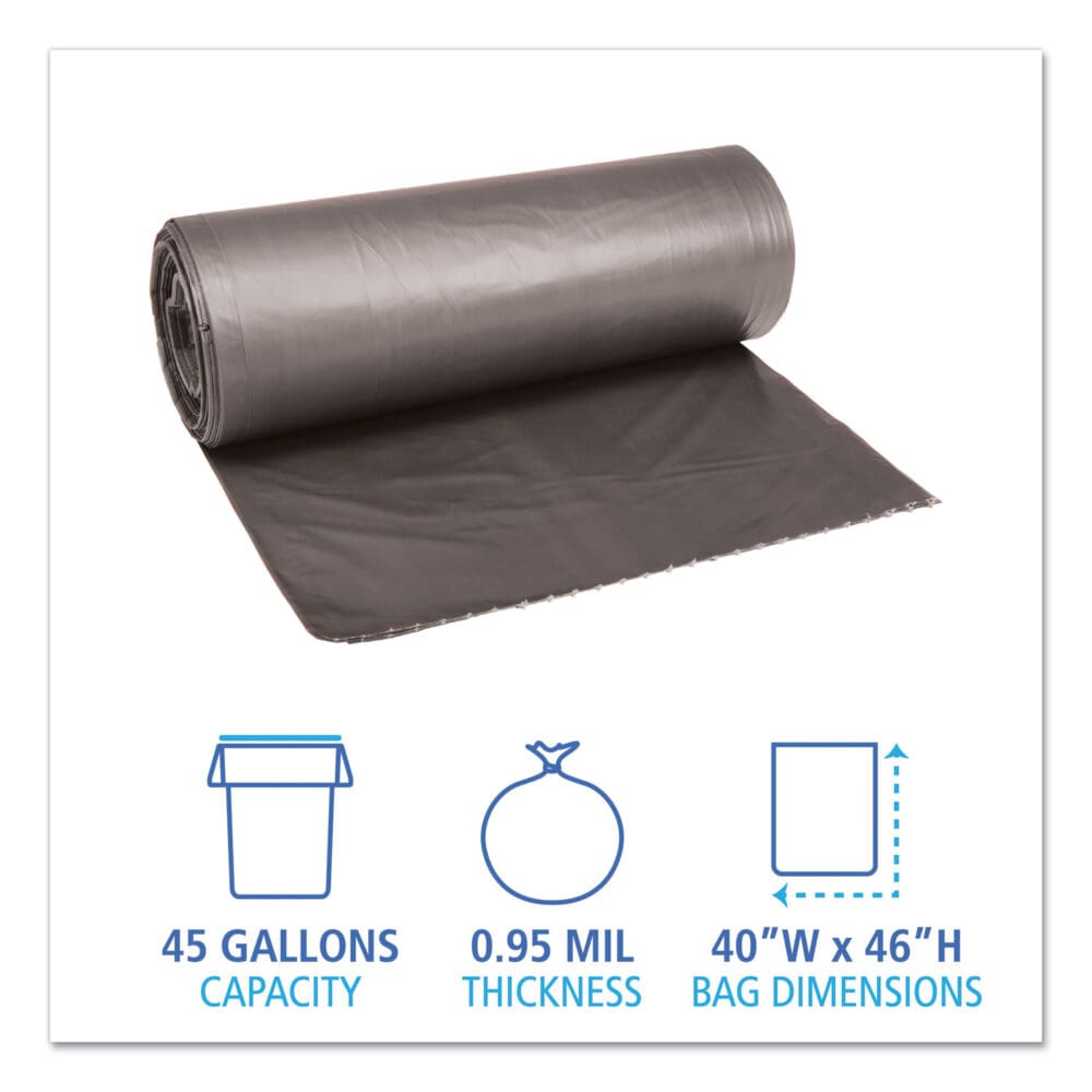 Low-Density Waste Can Liners, 45 gal, 0.95 mil, 40" x 46", Gray, 25 Bags/Roll, 4 Rolls/Carton - Image 2
