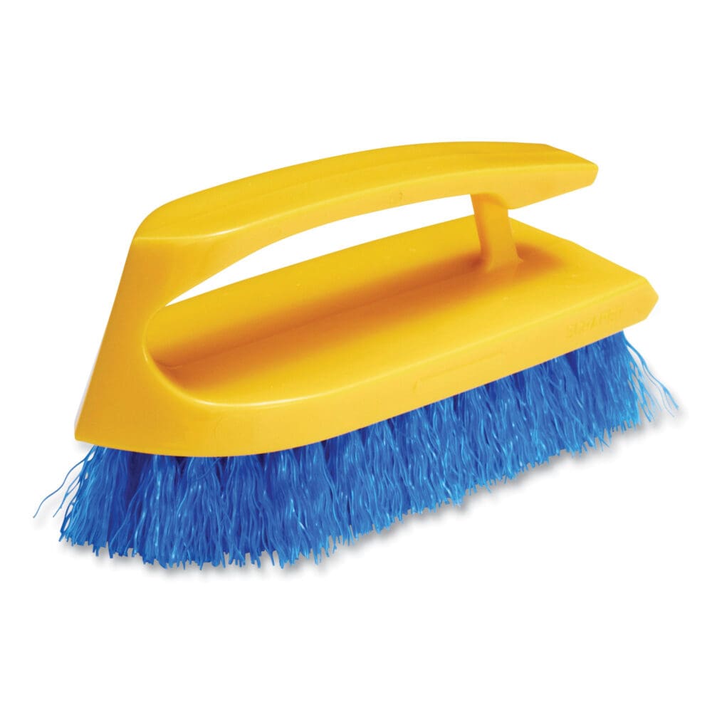 Iron-Shaped Handle Scrub Brush, Blue Polypropylene Bristles, 6" Brush, 6" Yellow Plastic Handle - Image 3