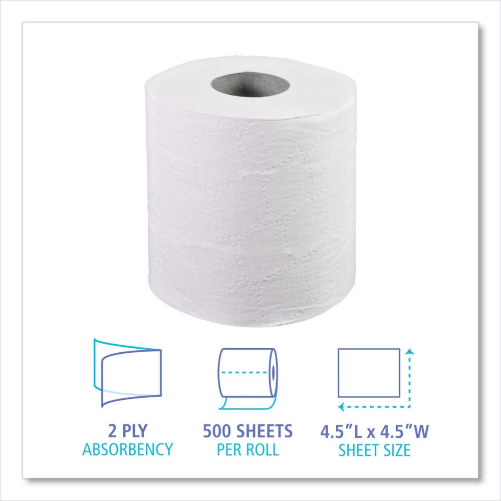 2-Ply Toilet Tissue, Septic Safe, White, 4.5 x 4.5, 500 Sheets/Roll, 96 Rolls/Carton - Image 2