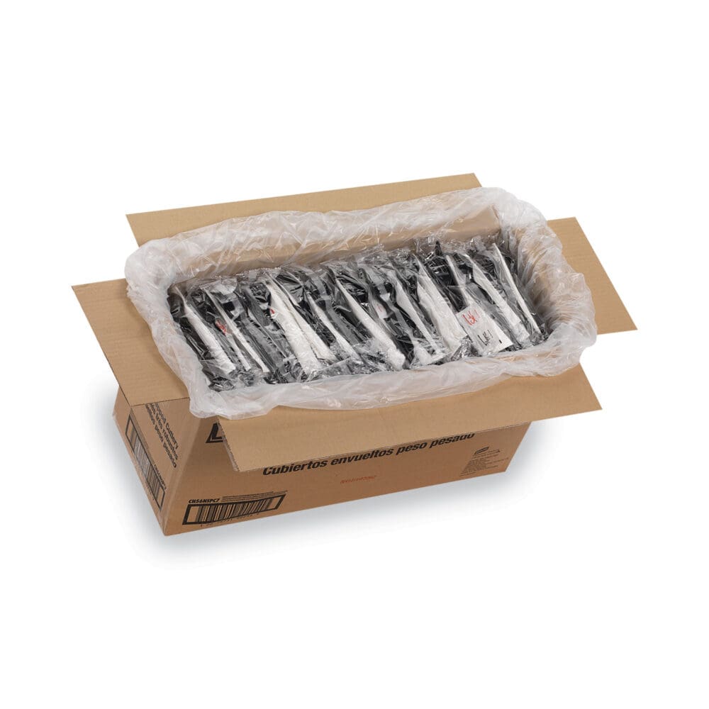 Wrapped Tableware/Napkin Packets, Fork/Knife/Spoon/Napkin, Black, 250/Carton - Image 4