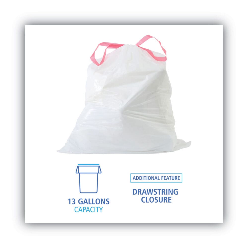 Drawstring Kitchen Bags, 13 gal, 0.8 mil, White, 50 Bags/Roll, 2 Rolls/Carton - Image 5