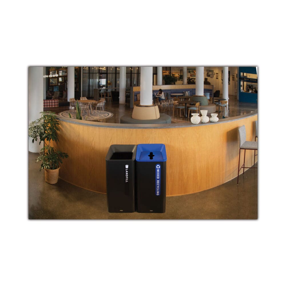 Sustain Decorative Refuse with Recycling Lid, 23 gal, Metal/Plastic, Black/Blue - Image 3