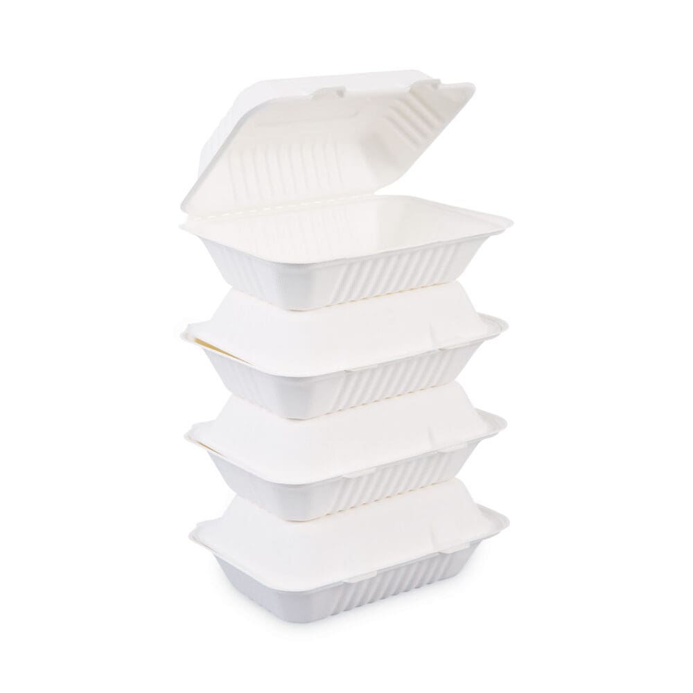 Bagasse Food Containers, Hinged-Lid, 1-Compartment 9 x 6 x 3.19, White, Sugarcane, 125/Sleeve, 2 Sleeves/Carton - Image 5