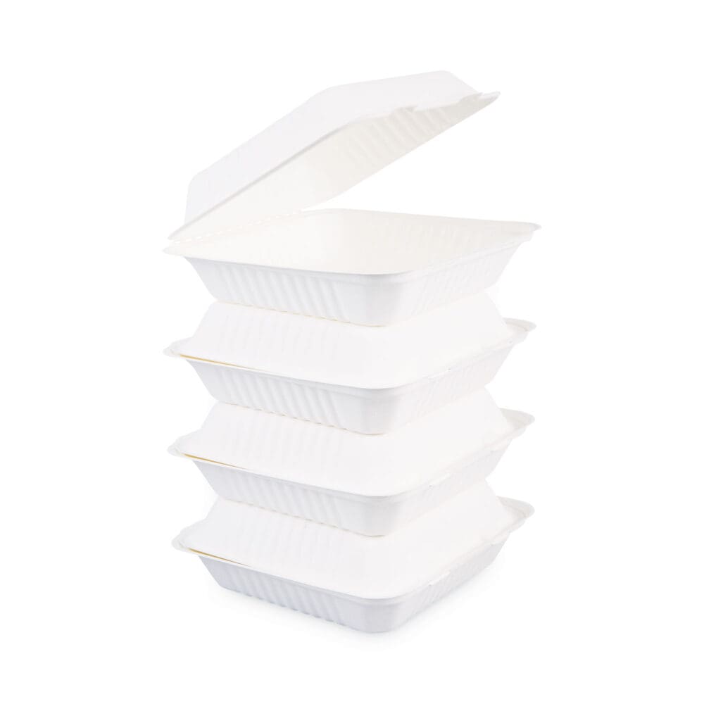 Bagasse Food Containers, Hinged-Lid, 1-Compartment 9 x 9 x 3.19, White,  Sugarcane, 100/Sleeve, 2 Sleeves/Carton - Image 5
