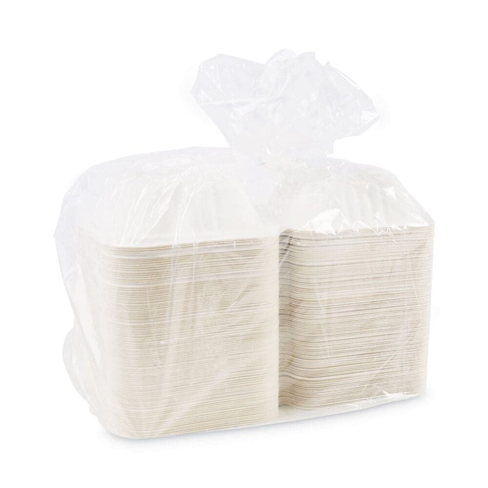 Bagasse Food Containers, Hinged-Lid, 1-Compartment 6 x 6 x 3.19, White, Sugarcane, 125/Sleeve, 4 Sleeves/Carton - Image 9