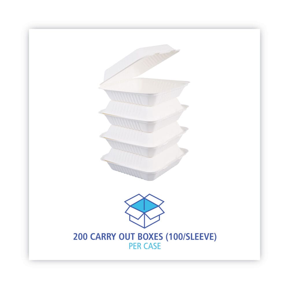 Bagasse Food Containers, Hinged-Lid, 1-Compartment 9 x 9 x 3.19, White,  Sugarcane, 100/Sleeve, 2 Sleeves/Carton - Image 4