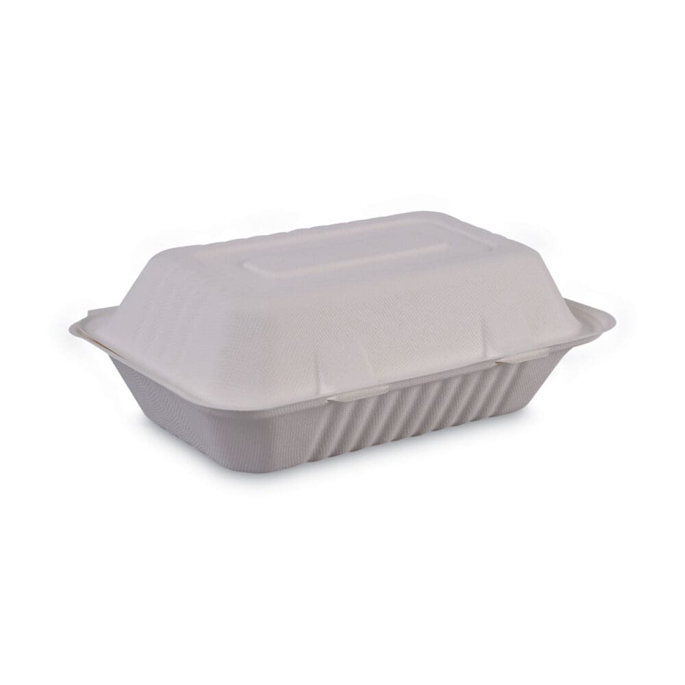 Bagasse Food Containers, Hinged-Lid, 1-Compartment 9 x 6 x 3.19, White, Sugarcane, 125/Sleeve, 2 Sleeves/Carton - Image 10