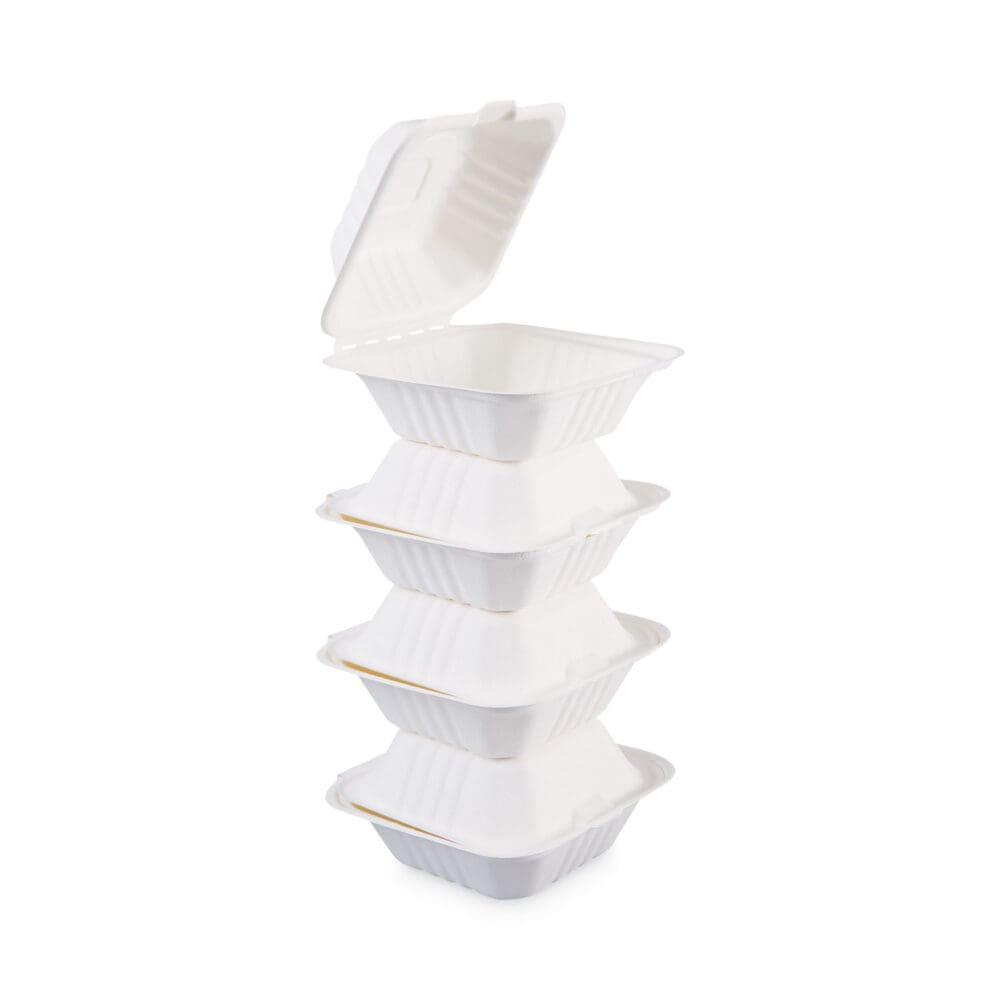 Bagasse Food Containers, Hinged-Lid, 1-Compartment 6 x 6 x 3.19, White, Sugarcane, 125/Sleeve, 4 Sleeves/Carton - Image 5