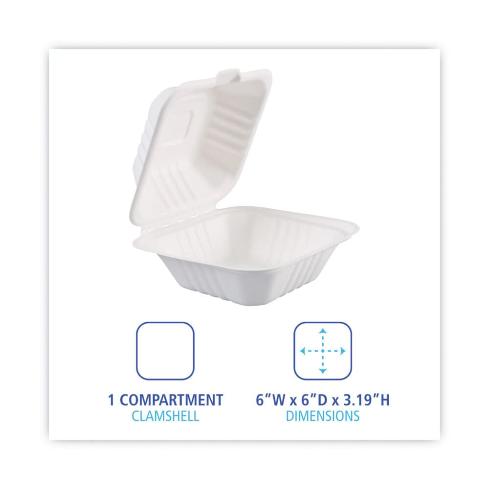 Bagasse Food Containers, Hinged-Lid, 1-Compartment 6 x 6 x 3.19, White, Sugarcane, 125/Sleeve, 4 Sleeves/Carton - Image 3