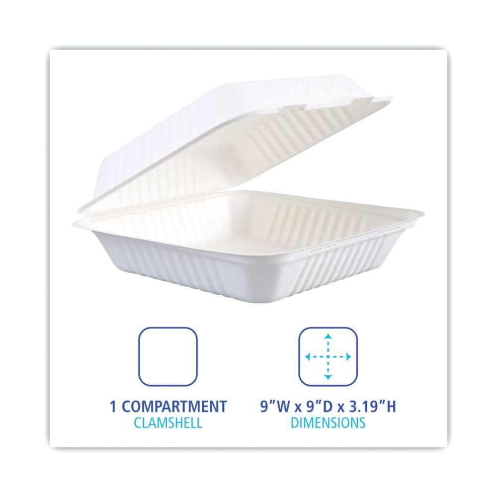 Bagasse Food Containers, Hinged-Lid, 1-Compartment 9 x 9 x 3.19, White,  Sugarcane, 100/Sleeve, 2 Sleeves/Carton - Image 3
