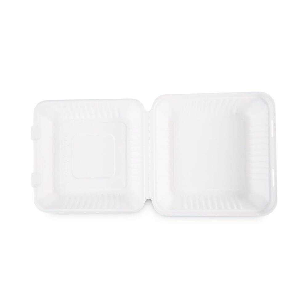 Bagasse Food Containers, Hinged-Lid, 1-Compartment 9 x 9 x 3.19, White,  Sugarcane, 100/Sleeve, 2 Sleeves/Carton - Image 6