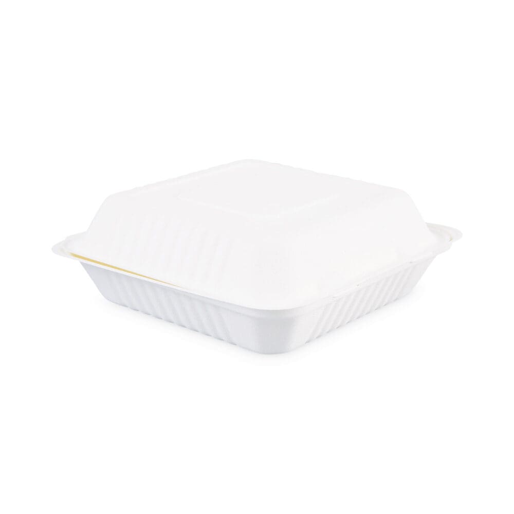 Bagasse Food Containers, Hinged-Lid, 1-Compartment 9 x 9 x 3.19, White,  Sugarcane, 100/Sleeve, 2 Sleeves/Carton - Image 9
