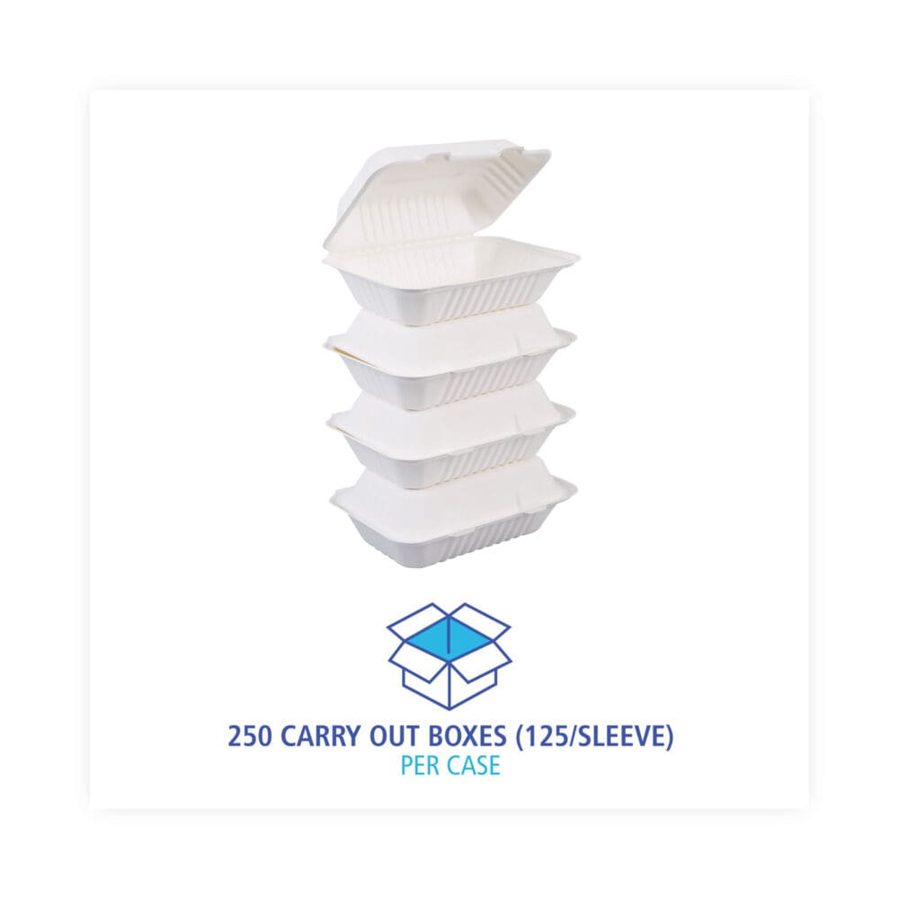 Bagasse Food Containers, Hinged-Lid, 1-Compartment 9 x 6 x 3.19, White, Sugarcane, 125/Sleeve, 2 Sleeves/Carton - Image 4