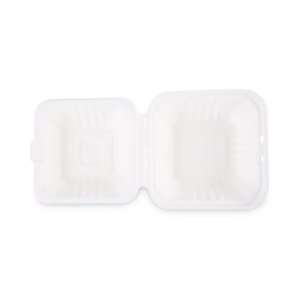 Bagasse Food Containers, Hinged-Lid, 1-Compartment 6 x 6 x 3.19, White, Sugarcane, 125/Sleeve, 4 Sleeves/Carton - Image 6