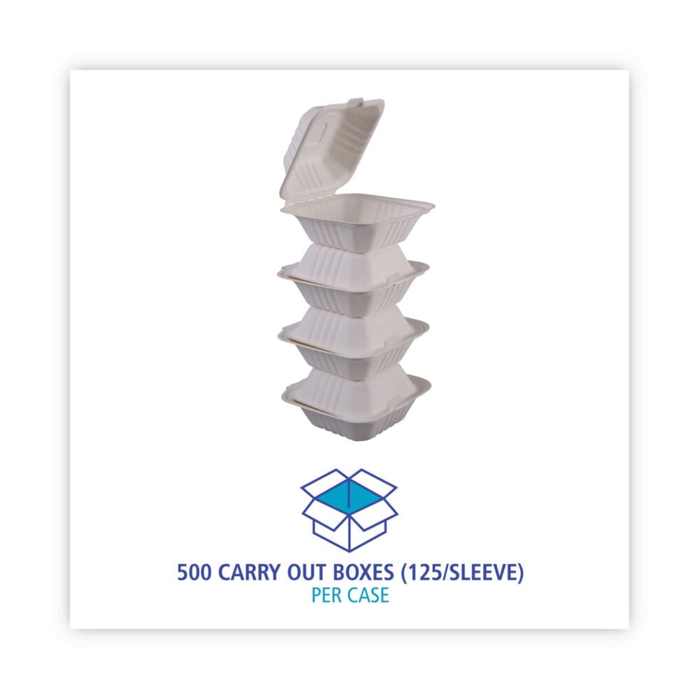 Bagasse Food Containers, Hinged-Lid, 1-Compartment 6 x 6 x 3.19, White, Sugarcane, 125/Sleeve, 4 Sleeves/Carton - Image 4