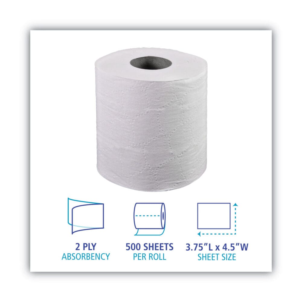 2-Ply Toilet Tissue, Septic Safe, White, 156.25 ft Roll Length, 500 Sheets/Roll, 96 Rolls/Carton - Image 2