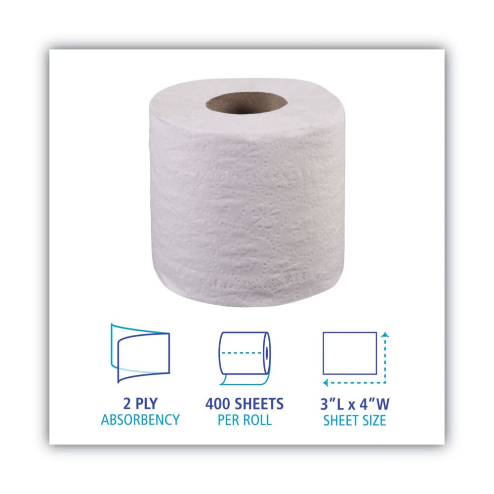 2-Ply Toilet Tissue, Septic Safe, White, 400 Sheets/Roll, 96 Rolls/Carton - Image 2
