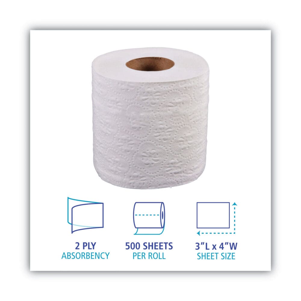 2-Ply Toilet Tissue, Standard, Septic Safe, White, 4 x 3, 500 Sheets/Roll, 96 Rolls/Carton - Image 2