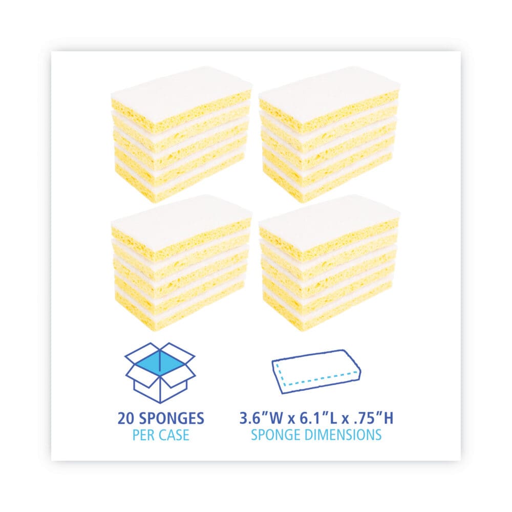 Scrubbing Sponge, Light Duty, 3.6 x 6.1, 0.7" Thick, Yellow/White, Individually Wrapped, 20/Carton - Image 3