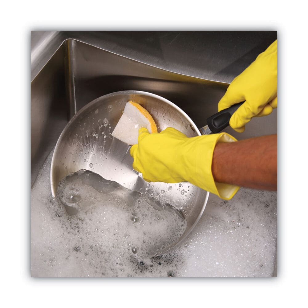Scrubbing Sponge, Light Duty, 3.6 x 6.1, 0.7" Thick, Yellow/White, Individually Wrapped, 20/Carton - Image 4