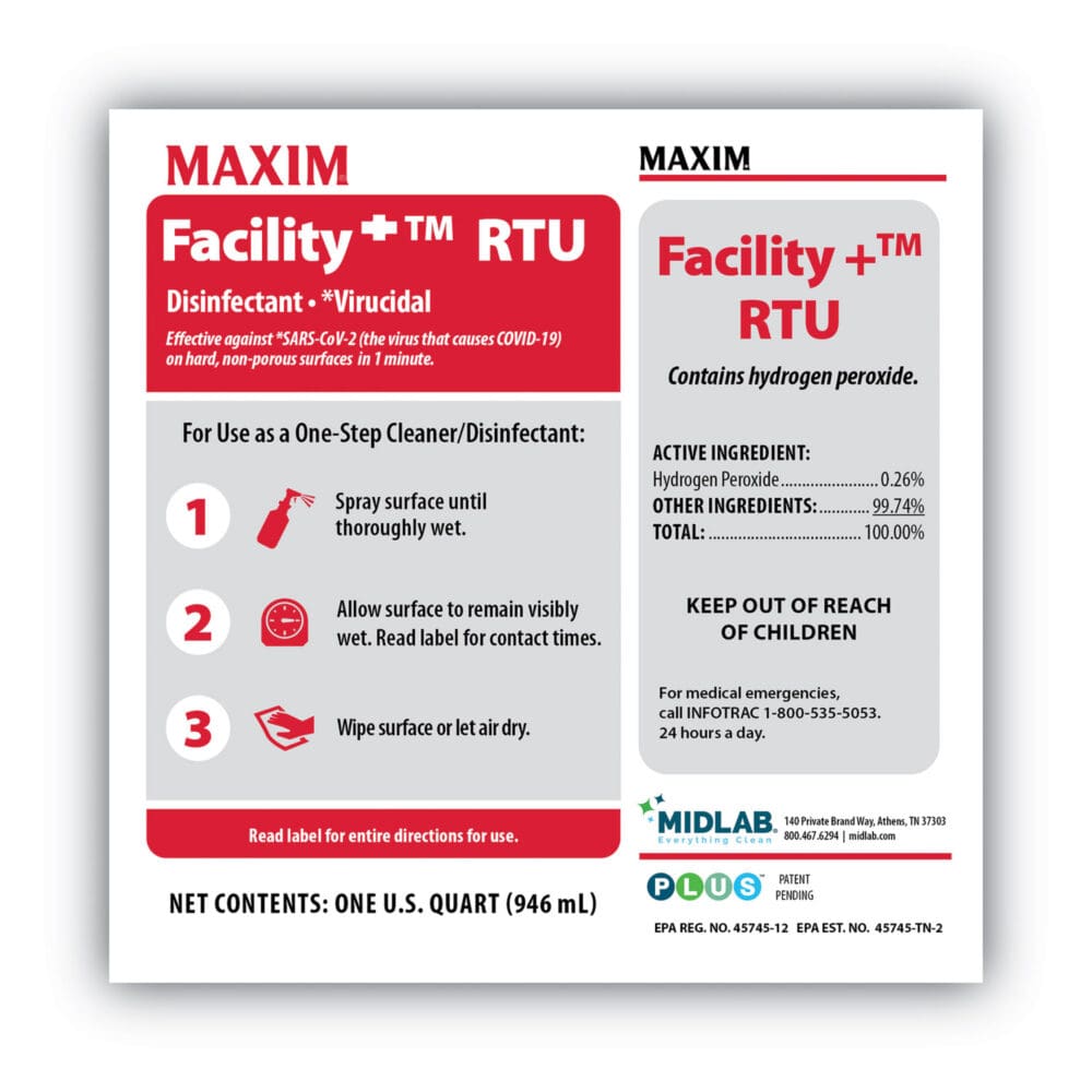 Facility+ RTU Disinfectant, Safe-to-Ship, Unscented, 32 oz, 6/Carton - Image 3
