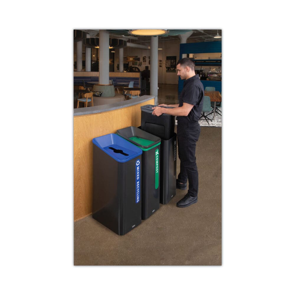 Sustain Decorative Refuse with Recycling Lid, 15 gal, Metal/Plastic, Black - Image 5