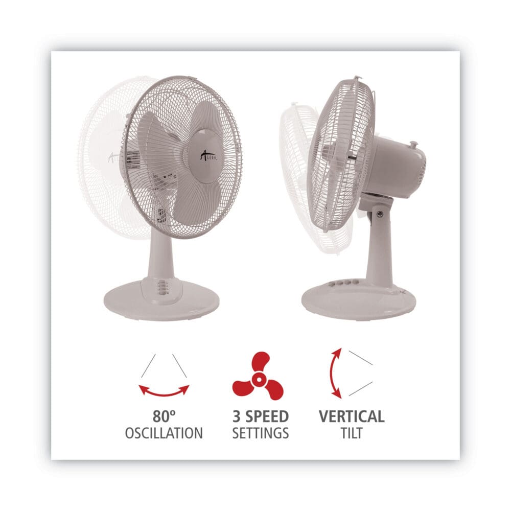 12" 3-Speed Oscillating Desk Fan, Plastic, White - Image 2